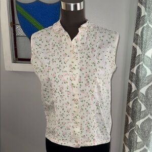 Vintage Cottagecore Floral Pin Tucked Sleeveless Blouse SZ Medium